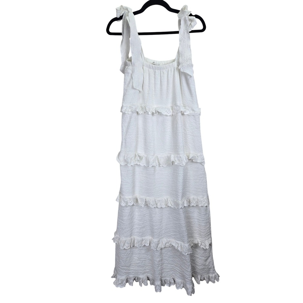 Missguided White Ruffle Tiered Womens Dress 6‎ Tie Eyelet Cottagecore Graduation